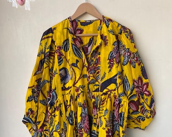 Floral Block Print Soft Cotton Summer Dress, Midi Dress, Dresses for Women, String Closer Dress