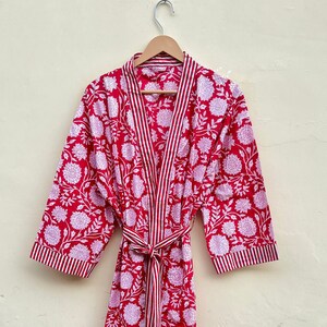 Cotton Kimono Dress Block Print Floral Robe Indian Women Fashion Bikini Cover Up Stripe Piping Robe Lightweight Cotton Fabric Nightwear Gown