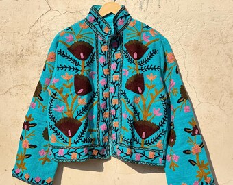 Handmade Suzani Embroidered Cotton Jacket, Women's Short Coat, TNT Fabric Jackts
