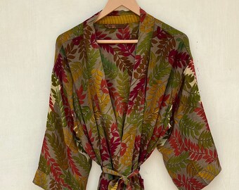 Leaf Print Silk Kimono Robe - Boho Resort Wear