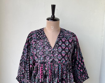 Handmade Cotton Midi Dress, Block Print Dress, Summer Tunic with Deep Neck