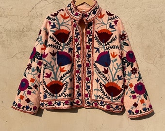 Handmade Suzani Embroidery Jacket, Winter Wear Jacket Coat, Women&#39;s Coat, Suzani Short Jacket, TNT Fabric Suzani Jacket, Robe, Gifts For Her