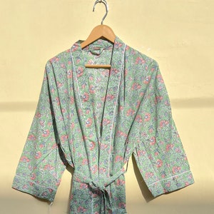 Indian Handmade Cotton Kimono, Hand Block Print Cotton Kimono, Floral Print Cotton Kimono, Unisex Dressing Gown, Bikini Cover Up, Gifts Her.