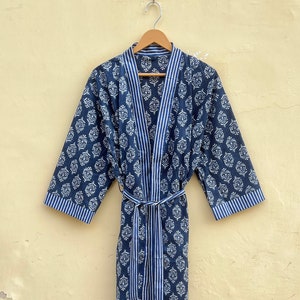 Indigo Block Print Cotton Robe, Bridesmaid Kimono Robe, Floral Kimono, Beautiful Bridal Kimono, Indian Gown, Indian Floral Robe, Bridal Robe