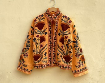 Cotton Suzani Hand Embroidery Jacket Coat, Women Wear Winter Jackets, Bridesmaid Gift, Winter Jacket, Kimono Robe, Bridesmaid Jackets