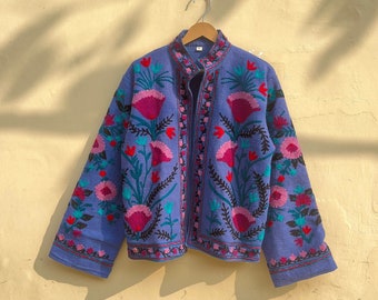 Cotton Suzani Hand Embroidery Jacket Coat, Women Wear Winter Jackets, Bridesmaid Gift, Winter Jacket, Kimono Robe, Bridesmaid Jackets