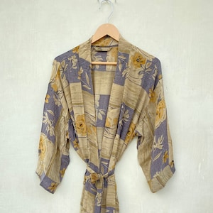 100% Crepe Saree Silk Kimono Long Silk Robe Festival Clothing Summer Silk Robe Women&#39;s Wear Robe Silk Night Dress Boho Fashion Lounge Wear
