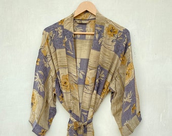 Floral Crepe Silk Kimono Robe, Womens Long Dressing Gown, Recycled Sari Fabric