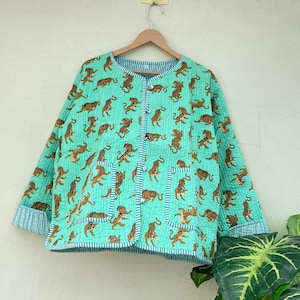 Tiger Printed Cotton Jacket Indian Handmade Quilted Coat Reversible Stripe Piping Jacket Women Vintage Coat Gifts For Her