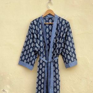 Indigo Cotton Kimono Robes, Women&#39;s Wear Cotton Robe, Bikini Cover Up, Lounge Wear Gown, Blue Cotton Robe, Summer Clothing, Ladies Long Gown