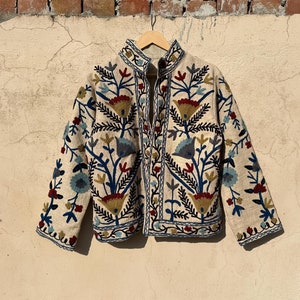 Handmade Suzani Embroidered Cotton Jacket, Boho Quilted Coat