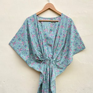 Indian Handmade Floral Cotton Kaftan, Summer Wear Dressing Gown, Beach Cover Up Kaftan, Sleepwear Maxi Dress, Luxury Kaftan, Gift For Her