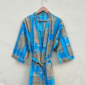 Blue Tiger Print Cotton Kimono Robe, Bridesmaid Robe, Bridal Robe, Getting Ready Robe, Maternity Robe, Beachwear