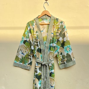 Bata tipo kimono de algodón, bata de dama de honor con estampado de bloques, ropa de dormir de verano, talla única
