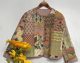 Handmade Patchwork Jacket Cotton Quilted Coat Reversible Fashion Winter Wear Patchwork Coat Beige Multi Colour Women's Jacket Bohemian Coat