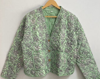 Handmade Green Floral Quilted Cotton Jacket, Reversible Boho Coat