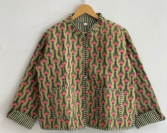 Cotton Quilted Jacket Reversible Front Open Jacket Short Jacket For Women Stripe Piping Boho Coat Party Wear Jacket Gift For Her