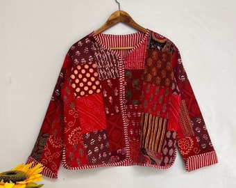 Cotton Quilted Jacket Women Wear Front Open Kimono Stripe piping HandMade Vintage Quilted Jacket , Coats , New Style, Boho Red