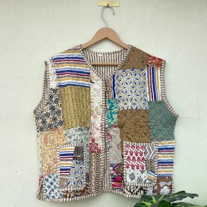 Chaleco 100 % algodón, acolchado con patchwork, reversible, hecho a mano, estilo bohemio, para mujer.