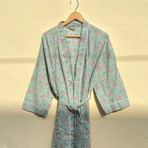 Indian Handmade Cotton Kimono, Hand Block Print Cotton Kimono, Floral Print Cotton Kimono, Unisex Dressing Gown, Bikini Cover Up, Gifts Her.