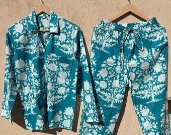 Handmade Cotton Pajama Set, Women's Night Suit, Boho Matching Pajams, Loungewear With Pouch