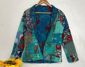 Chaqueta de seda de algodón, abrigo acolchado de patchwork, chaqueta con cuello, abrigo de invierno para mujer, abrigo kantha reversible, abrigo bohemio navideño, regalo para ella