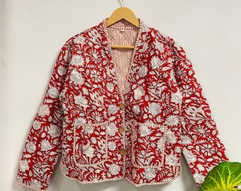Cotton Block Print Red Coat Indian Handmade Cotton Quilted Jacket Women Wear Front Open Short Jacket Party Wear Cotton Coat Gifts For Her