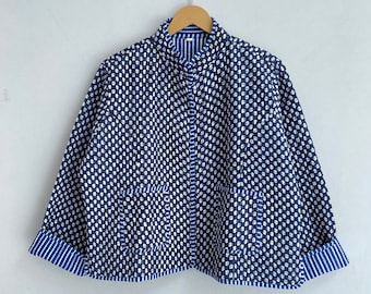 Blue Indigo Cotton Jacket Quilted Indigo Jacket Reversible Indian Fashion Front Open Coat Bohemian New Style