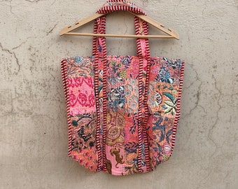 Hand Sewn Kantha Recycled Silk Patchwork Market bag Purse XL Hand Sewn Kantha Recycled Silk Patchwork Market bag Purse XL