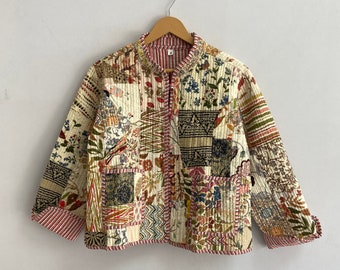 Reversible Cotton Block Print Jacket Stripe Piping Indian Handmade