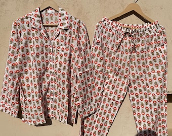 Hand Block Print Cotton Pajama Set, Women's Loungewear Sleepwear Night Suit