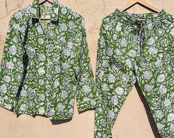 Floral Cotton Pajama Set, Handblock Print Cotton Pj's, Sleepwear Night Suit