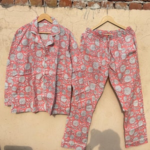 Hand Block Print Pajamas, Floral Pure Cotton Pj&#39;s, Pajamas Set, Indian Cotton,Night Wear,Soft Cotton Night Suit,Gift For Her,Bridesmaid Set