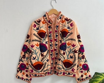 Handmade Suzani Embroidery Cotton Jacket, Winter Wear Jacket Coat, Women's Coat Suzani Short Jacket TNT Fabric Suzani Jacket Gift Foer Her