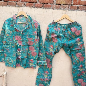 Handmade Indian Cotton Pajama Set, Bird Print Pj Set, Summer Night Suit, Bridesmaid Pj Set