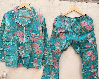 Handmade Indian Cotton Pajama Set, Bird Print Pj Set, Summer Night Suit, Bridesmaid Pj Set