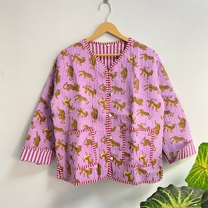 Tiger Print Cotton Jacket Winter Wear Quilted Coat Indian Handmade Reversible Short Jacket For Women Block Print Boho Coat Gifts For Her