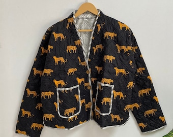 Cotton Quilted Jacket, Tiger Print Jacket, Reversible Cotton Jacket, Boho Short Coat, Jacket For Women, Winter Jacket, Indian Cotton Jacket