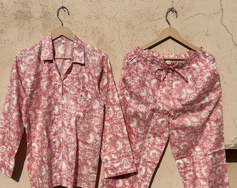 Handmade Cotton Pajama Set, Floral Print Loungewear with Pouch, Boho Pj Set, Cotton Night Suit, Gift For Her