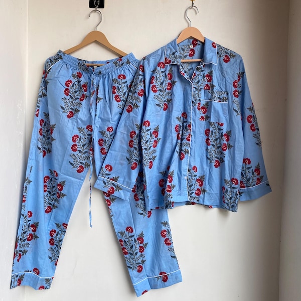 100% katoenen pyjama, pyjama met blokprint, bijpassende pyjama, cadeau voor haar