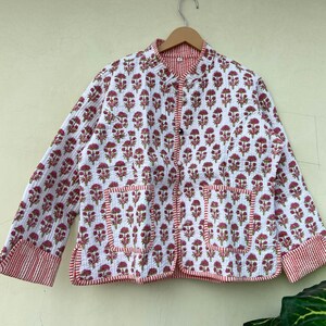 Baumwolljacke, Block-Print-Steppmantel, Wendejacke für Frauen, Blumendruck-Mantel, Boho-Winterjacke, Streifen-Paspeljacke, Geschenke