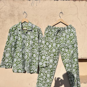 Indian PJ Set, 100% Cotton Block Print Pajama Set, Night Wear, Bridesmaid Pajama Set, Women Pajama Set, Cotton Pants Shirt Set, Summer Dress