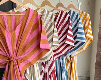 100% Cotton Kaftan, Striped Print Kaftan, Nightwear Sleepwear Cotton Maxi Dress, Cotton Beach Dress, Womens Kaftan