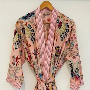 Cotton Kimono Robe Dressing Gown, Block Print Bridesmaid Robe, Summer Nightwear, One Size
