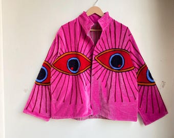 Handmade Suzani Cotton Velvet Boho Jacket, Evil Eye Embroidered Jackts