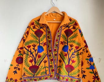 Handmade Cotton Suzani Embroidered Jacket, Boho Winter Jacket, Women's Short Coat
