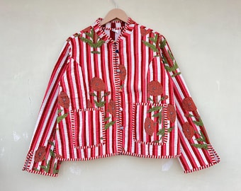 Cotton Women's Quilted Jacket Block Printed Boho Style Quilted Handmade Jackets, Coat Holiday Gifts Button Closer Jacket For Women Gifts