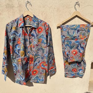 Cotton Pajama Set, Bohemian Floral Print Pj Set, Night Suit