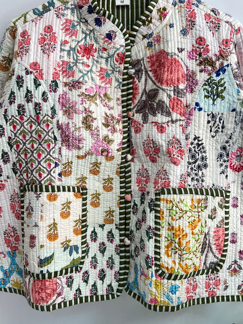 Patchwork Cotton Quilted Jacket Bohemian Winter wear Coat Reversible Short Jacket For Women's Handmade Stripe Piping Coat Boho New Style image 6