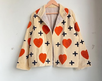Handmade Velvet Heart & Cross Embroidery Velvet Jacket, Boho Style Velvet Suzani Jacket, Women's Velvet Suzani Coat, Reversible Coat